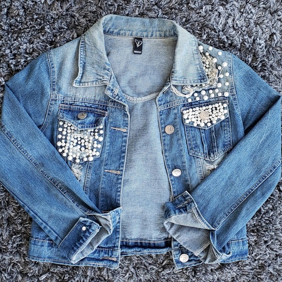 pearl embellished denim jacket